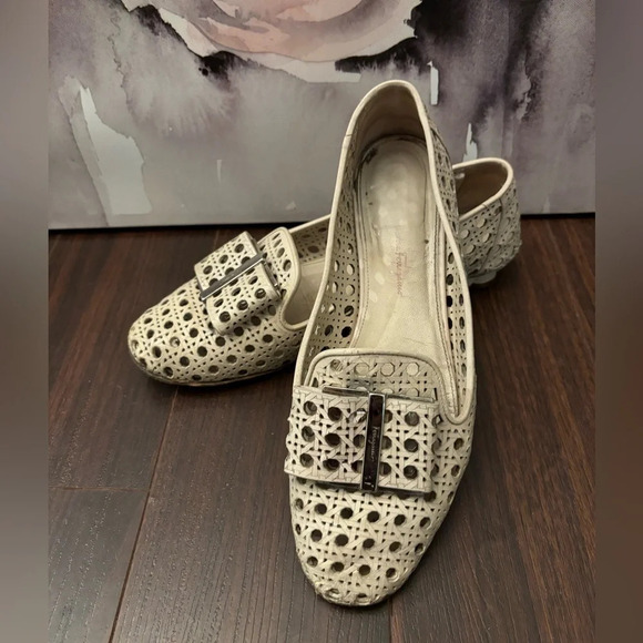 Salvatore Ferragamo
Women's Sarno Woven Leather Flower Heel Loafers - Picture 2 of 8